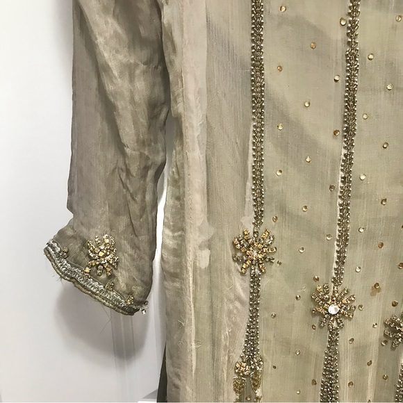 Formal Pakistani 3 Piece Maxi Dress/Churidar Pajama/Dupatta Green/Silver/Gold - Picture 7 of 16